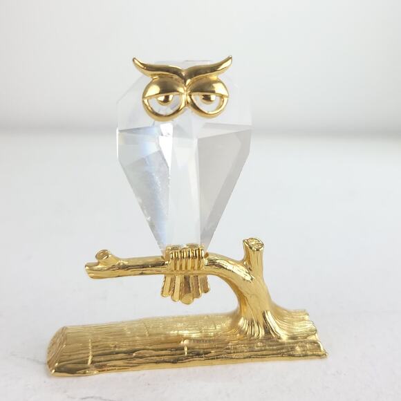 Vintage Owl on Branch Figurine Beveled Crystal Prism Gold Toned Glass Wise - Picture 8 of 8